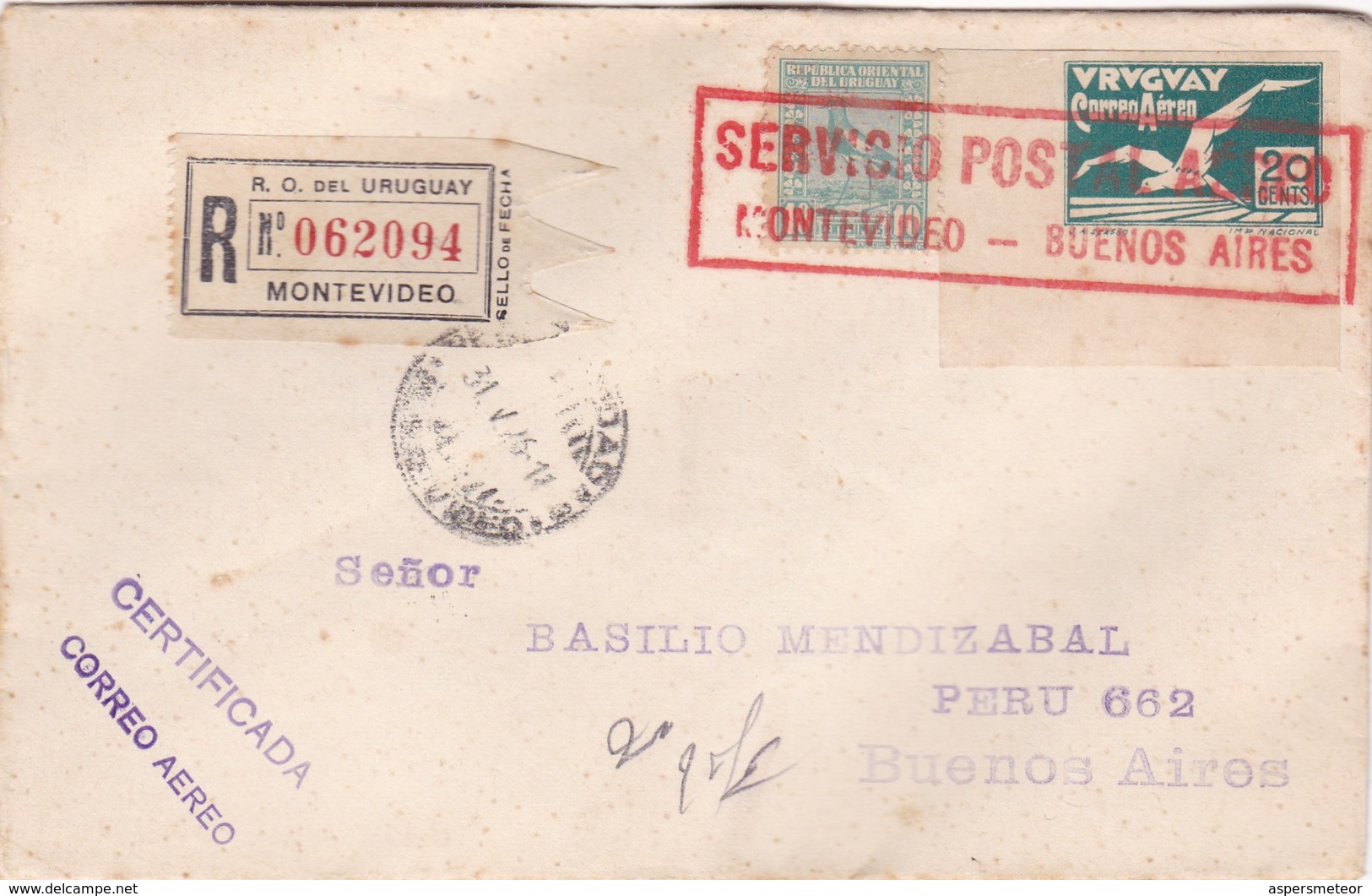 1926 RARE COVER URUGUAY AIRMAIL RECOMMANDE REGISTERED CIRCULEE MONTEVIDEO-BUENOS AIRES- BLEUP - Uruguay