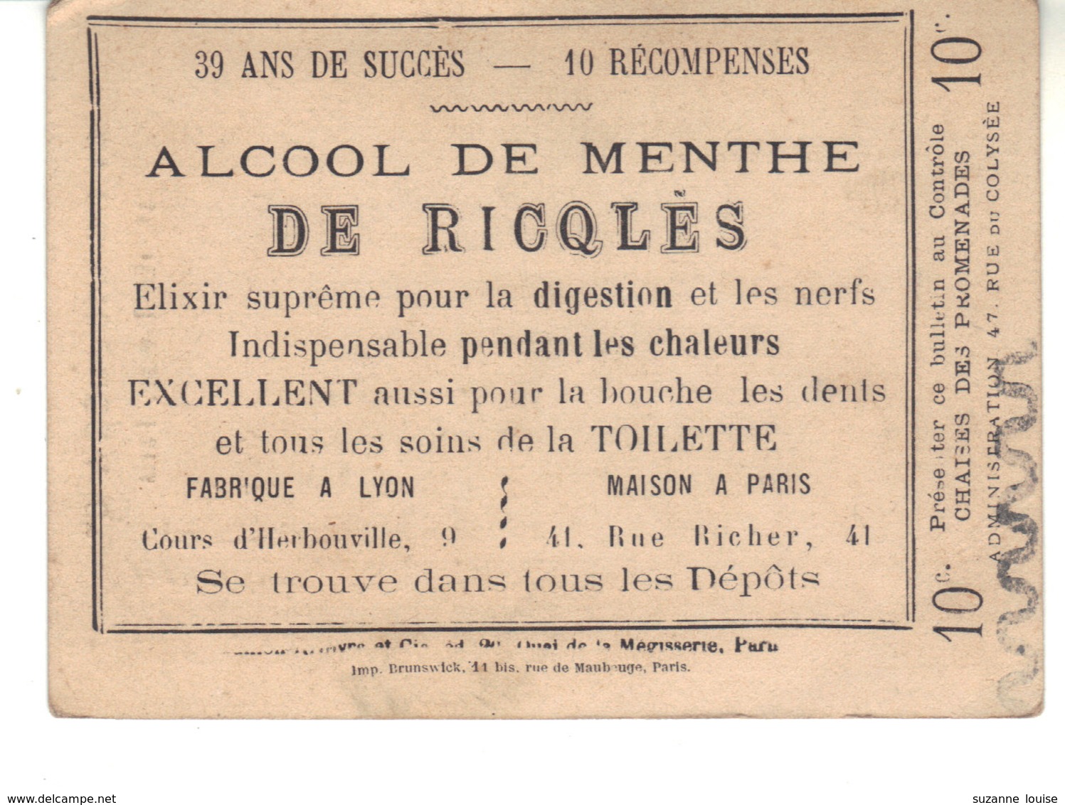 Chromo    Argenté Alcool De Menthe De Ricqlès - Chaise Des Promenades  Rue Du Colysée 10 Centimes - Other & Unclassified