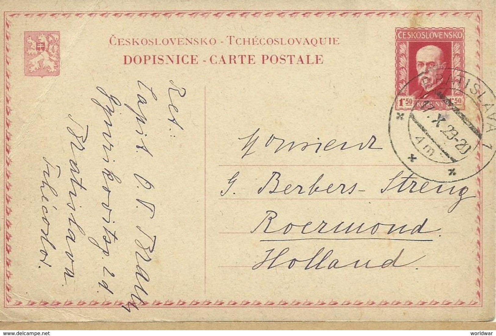 1929   Postkarte Masaryk 1,50 K. Von Bratislava Nach Roermond, Holland - Cartes Postales