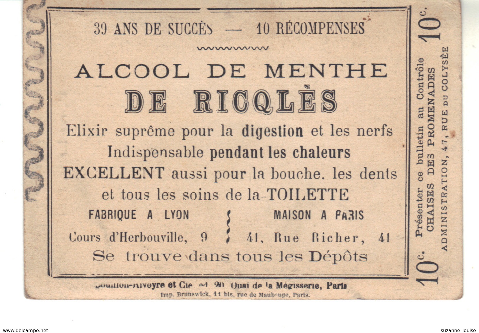 Chromo    Argenté Alcool De Menthe De Ricqlès - Chaise Des Promenades  Rue Du Colysée 10 Centimes - Other & Unclassified