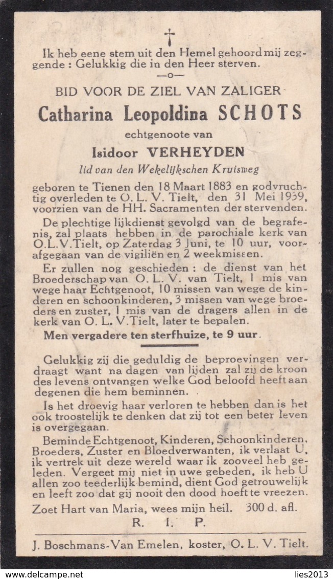 Tienen, Tielt, 1939, Catharina Schots, Verheyden, - Images Religieuses