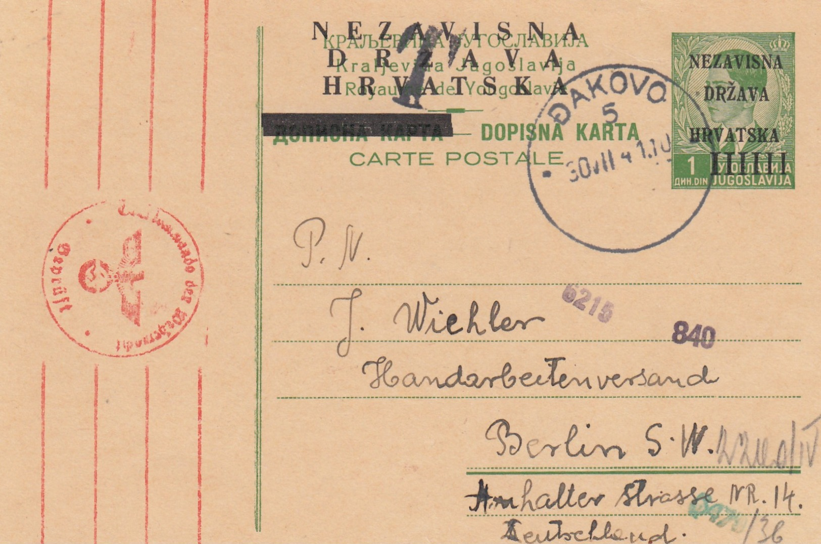 Croatia 1941 WWII NDH Provisory Postal Stationery (6 Sticks) Sent To Germany, Taxed And Censored - Croazia