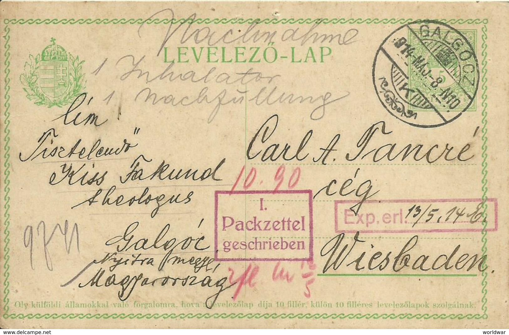 1914  Postkarte Von Galgooz Nach Wiesbaden, Deutschland - Entiers Postaux