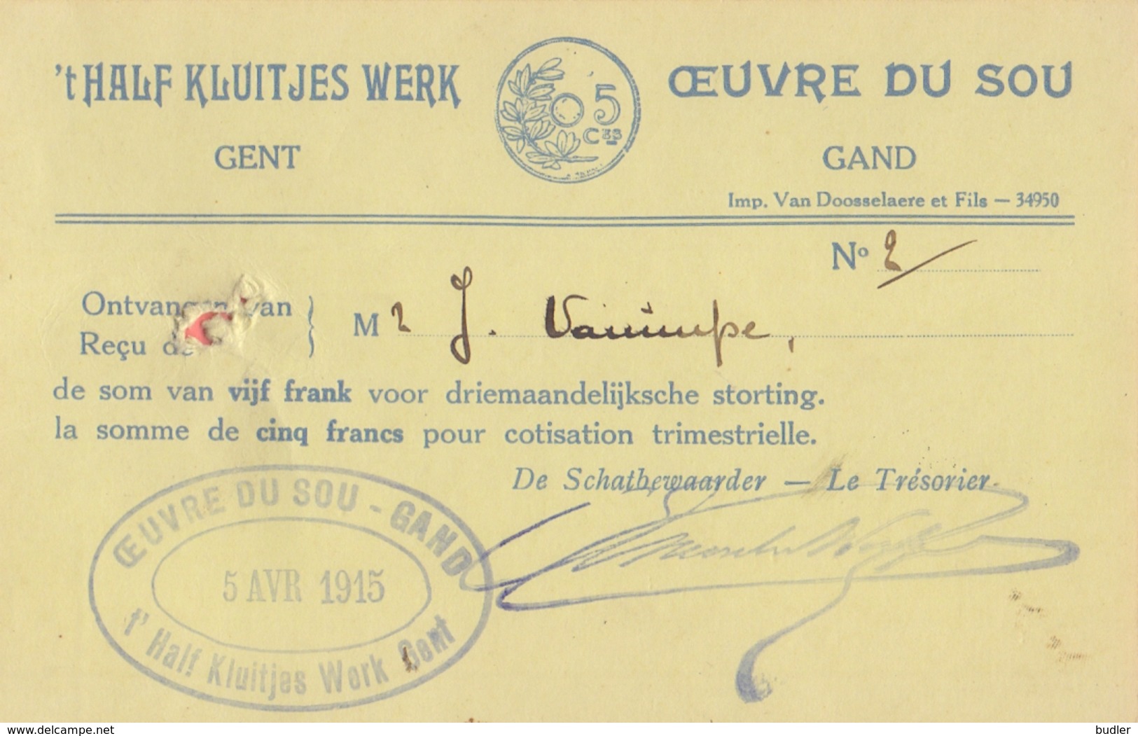 Gent/Gand :1915: Lidkaart Van ## 't HALF KLUITJES WERK – GENT ## / Carte-membre De L' ## OEUVRE Du SOU – GAND ## - Non Classés