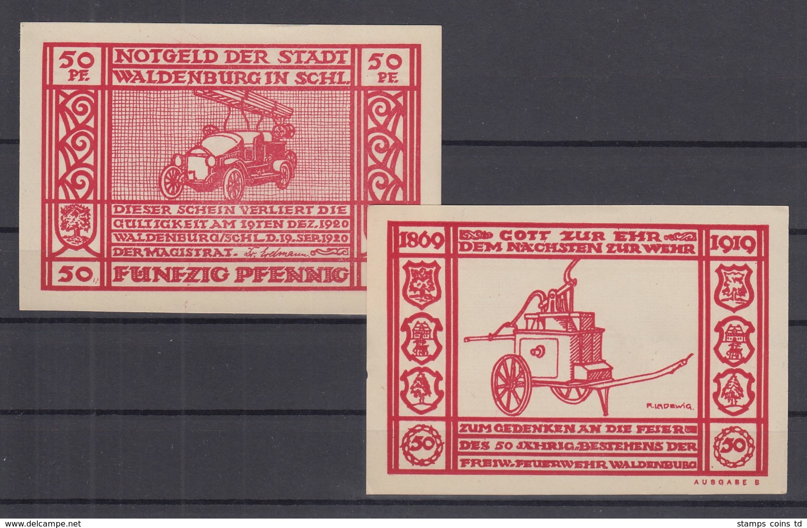 Notgeld Stadt Waldenburg Schlesien Feuerwehr  Feuerwehrauto 50Pfg Rot 1919 - [11] Emissioni Locali