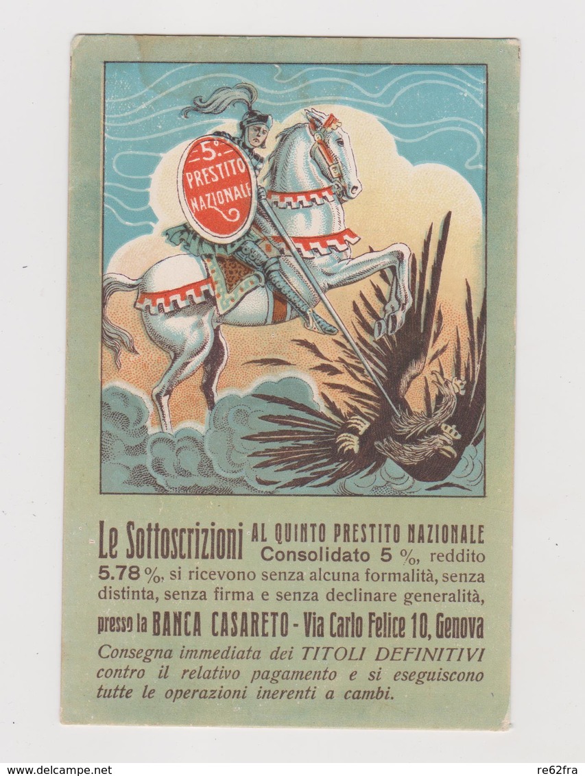 Pubblicitaria, Banca Casareto Genova, V° Prestito Nazionale, Periodo I° Guerra Mondiale   - F.p. -  Anni '1910 - Pubblicitari