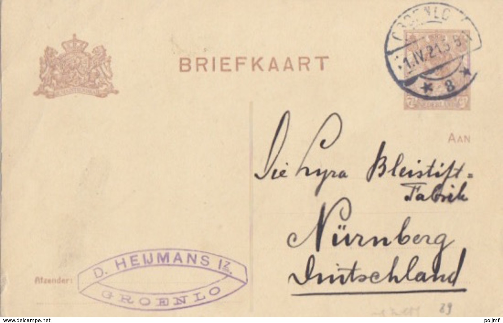 Pays-Bas, Entier Briefkaart 7,5c Brun (Wilhelmine), Obl. Groenlo Le 1 IV 21 Pour Nüremberg - Entiers Postaux