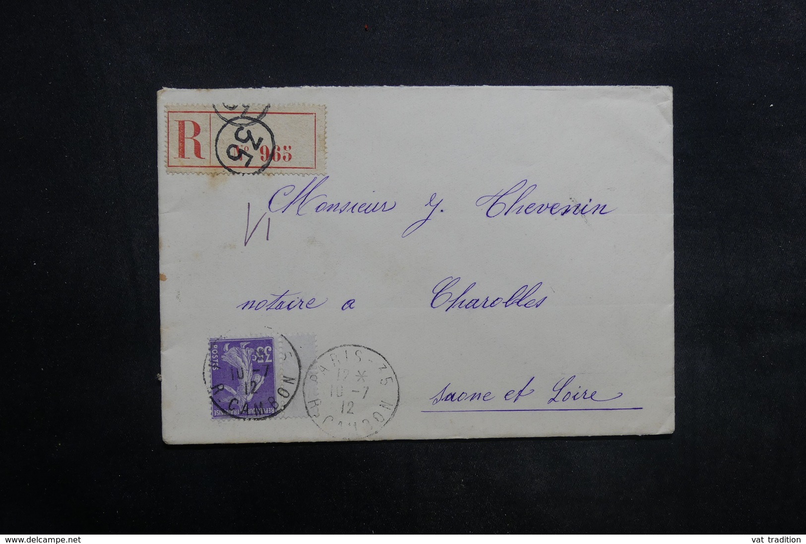 FRANCE - Enveloppe En Recommandé De Paris Pour Charolles En 1912 , Affranchissement  Semeuse - L 35277 - 1877-1920: Période Semi Moderne