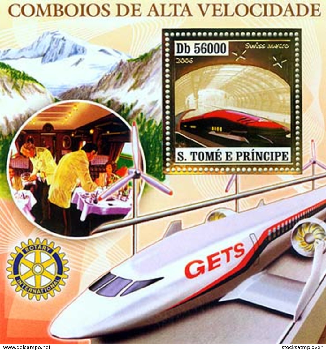 Sao Tome 2006 Gold Embossed  Speed Trains (JR 500, Eurostar, AGV, TGV) - Sao Tome And Principe