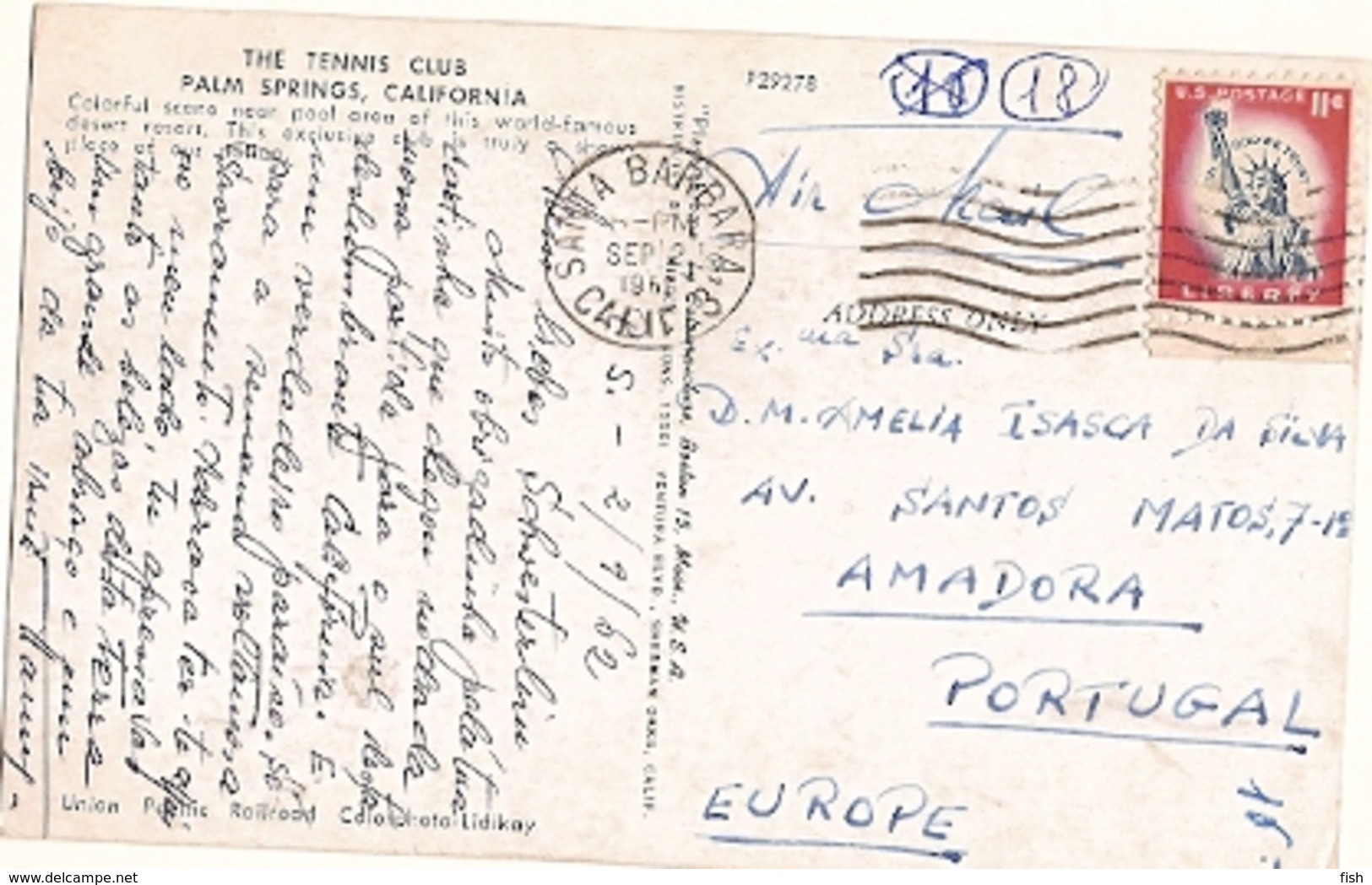 United States & Circulated, The Tennis Club, Palm Springs, Santa Barbara, Amadora Portugal 1967 (29278) - Palm Springs