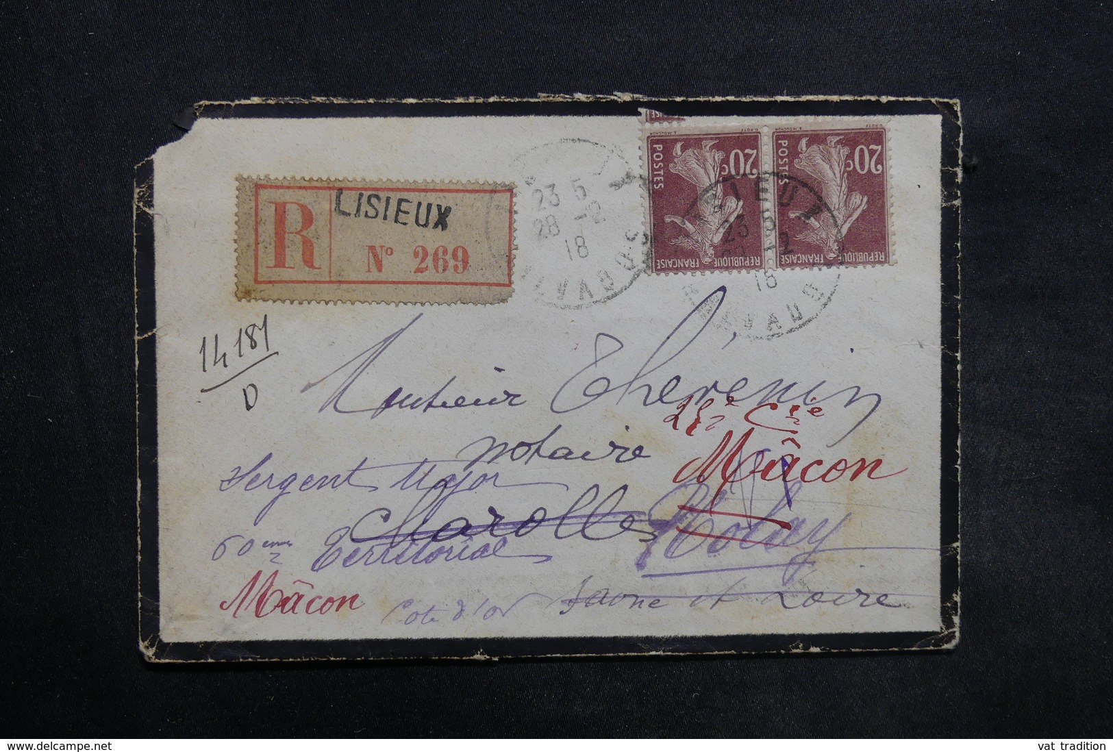 FRANCE - Enveloppe En Recommandé De Lisieux Pour Nolay Et Redirigée En 1918 , Affranchissement Semeuses - L 35334 - 1877-1920: Période Semi Moderne