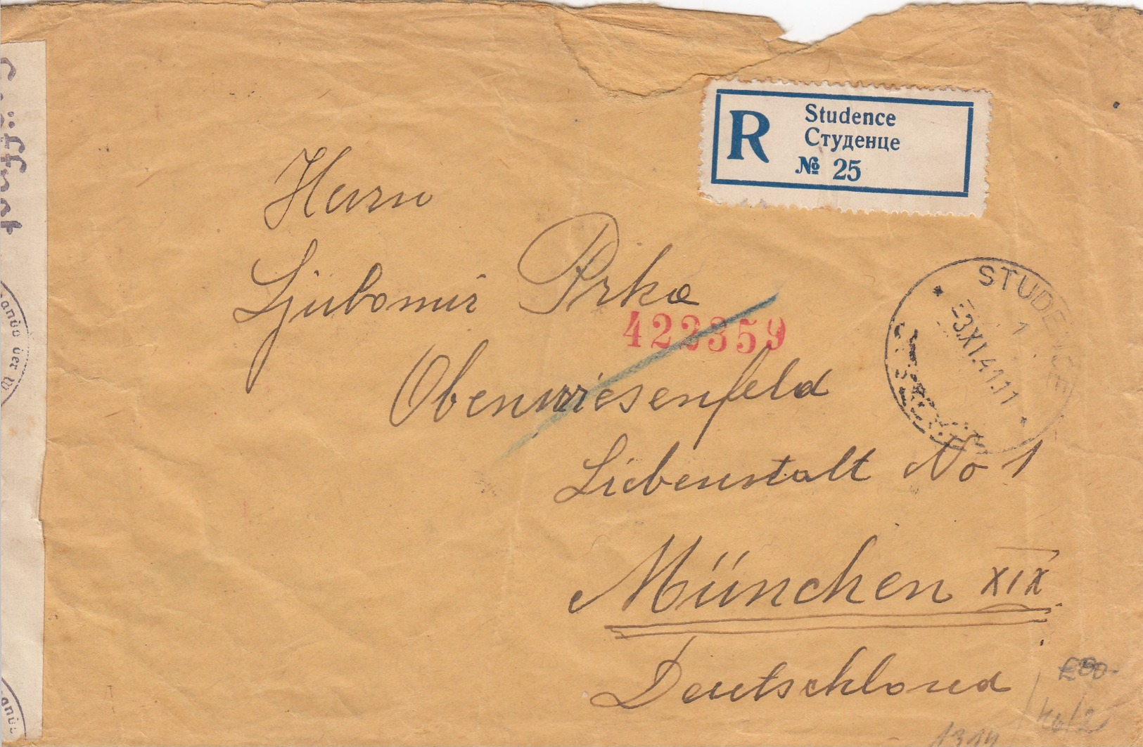 Croatia 1941 WWII NDH R- Letter To Germany Franked With Provisory Stamps, Rare Postmark STUDENCE - Croatia