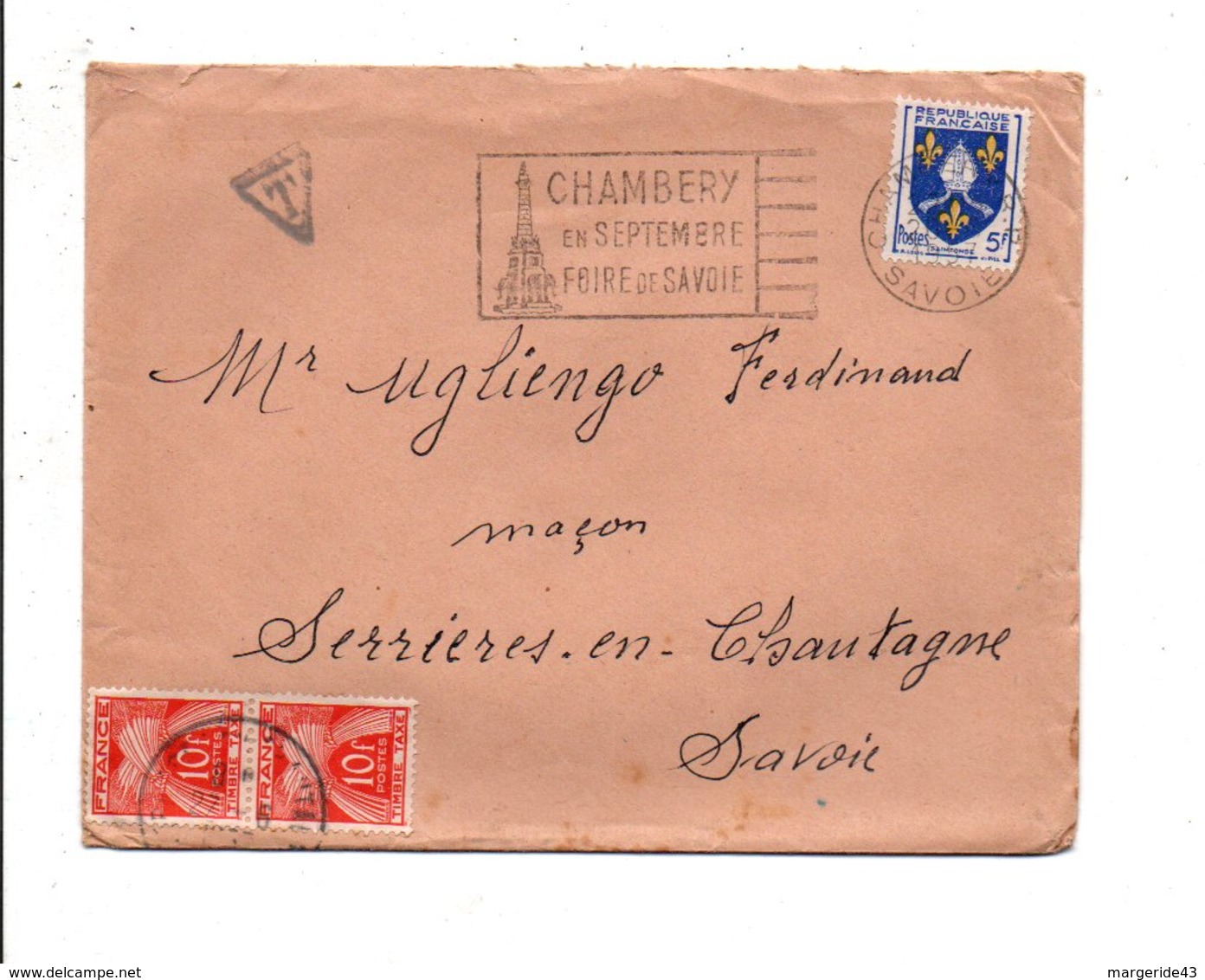 LETTRE TAXEE DE CHAMBERY 1957 - 1859-1959 Storia Postale