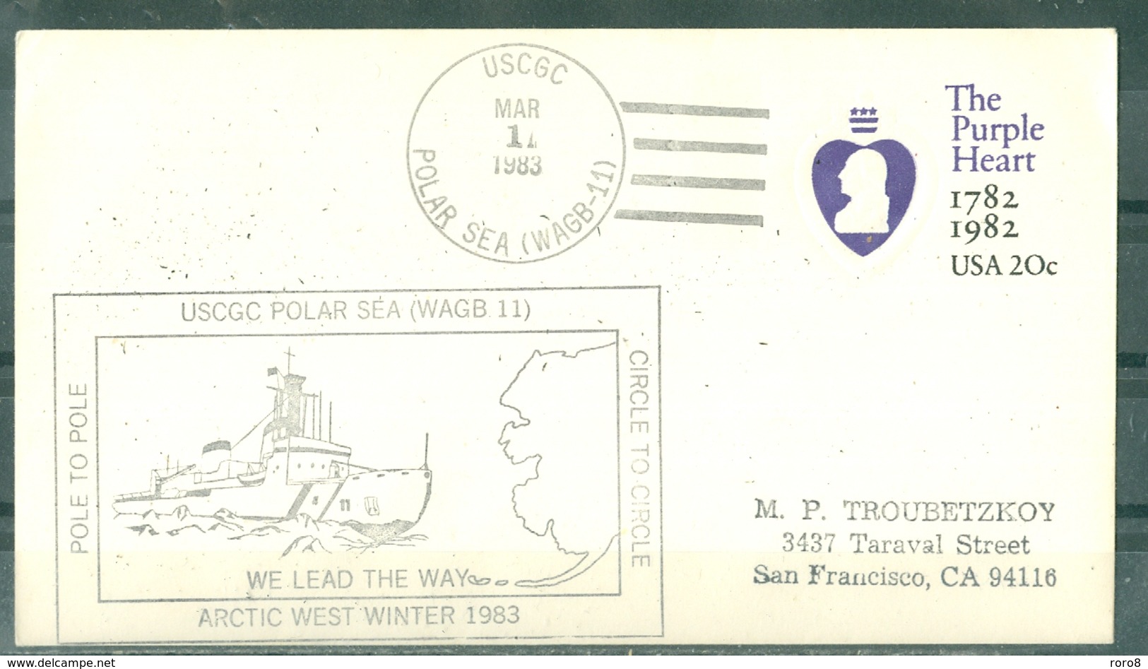 MARCOPHILIE - USA - USCGC POLAR SEA (WAGB-11) CIRCLE TO CIRCLE POLE TO POLE MAR 11 1983 (Entier) - Scientific Stations & Arctic Drifting Stations