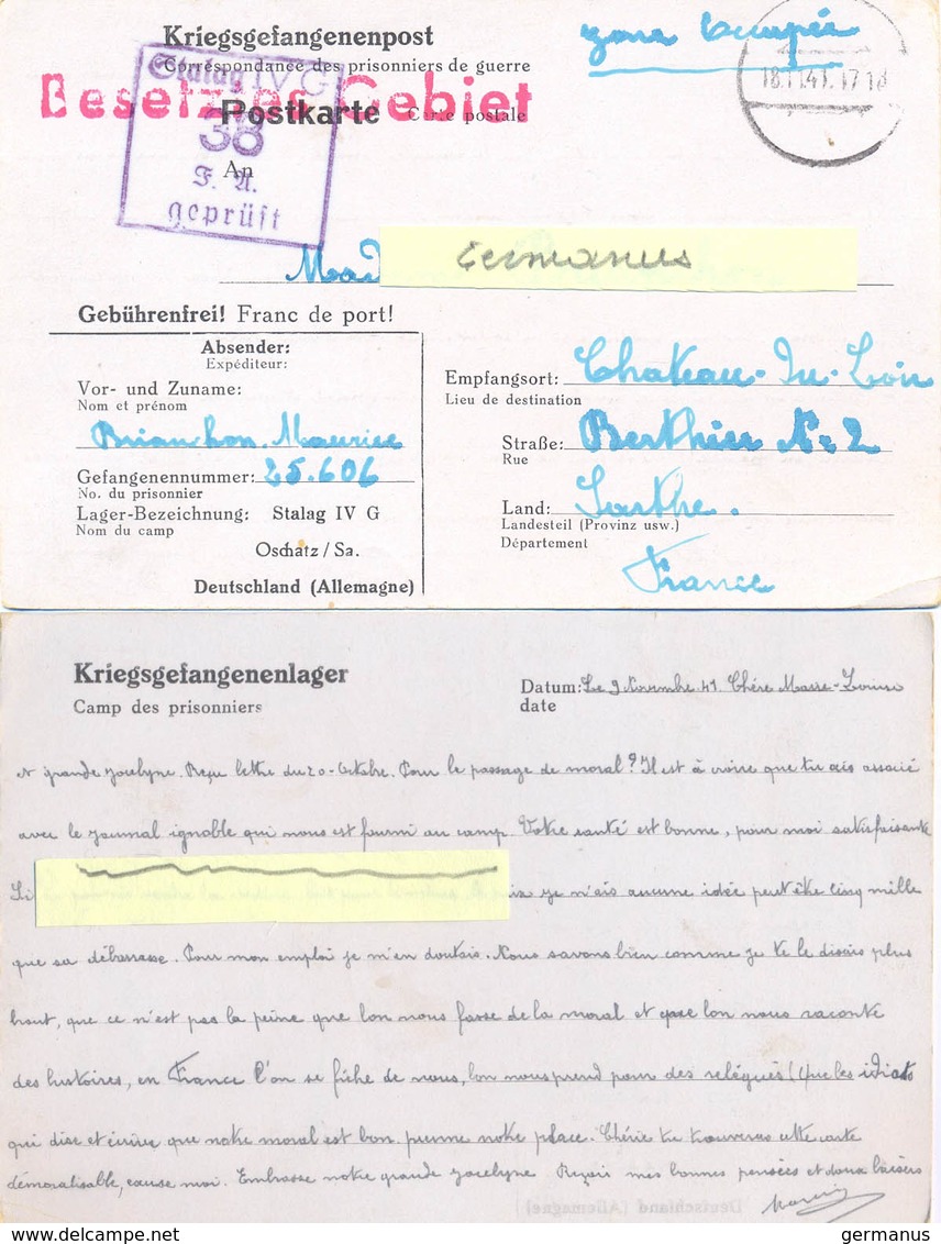 GUERRE 39-45 COR. PRISONNIER  DE GUERRE Au STALAG IV G /38 Oschatz, Allemagne - Rédigé Le 9-11-41 - WW II