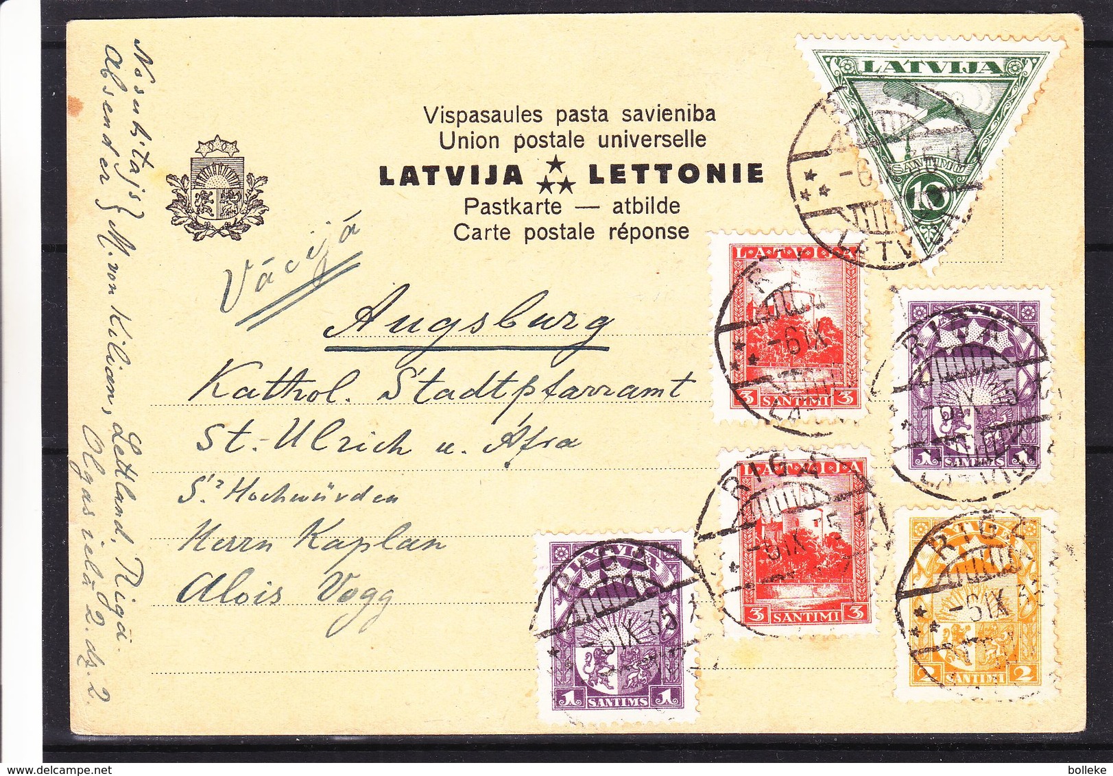 Lettonie - Carte Postale De 1935 - Oblit Riga - Exp Vers Augsburg - Avions - Armoiries - Lettonie