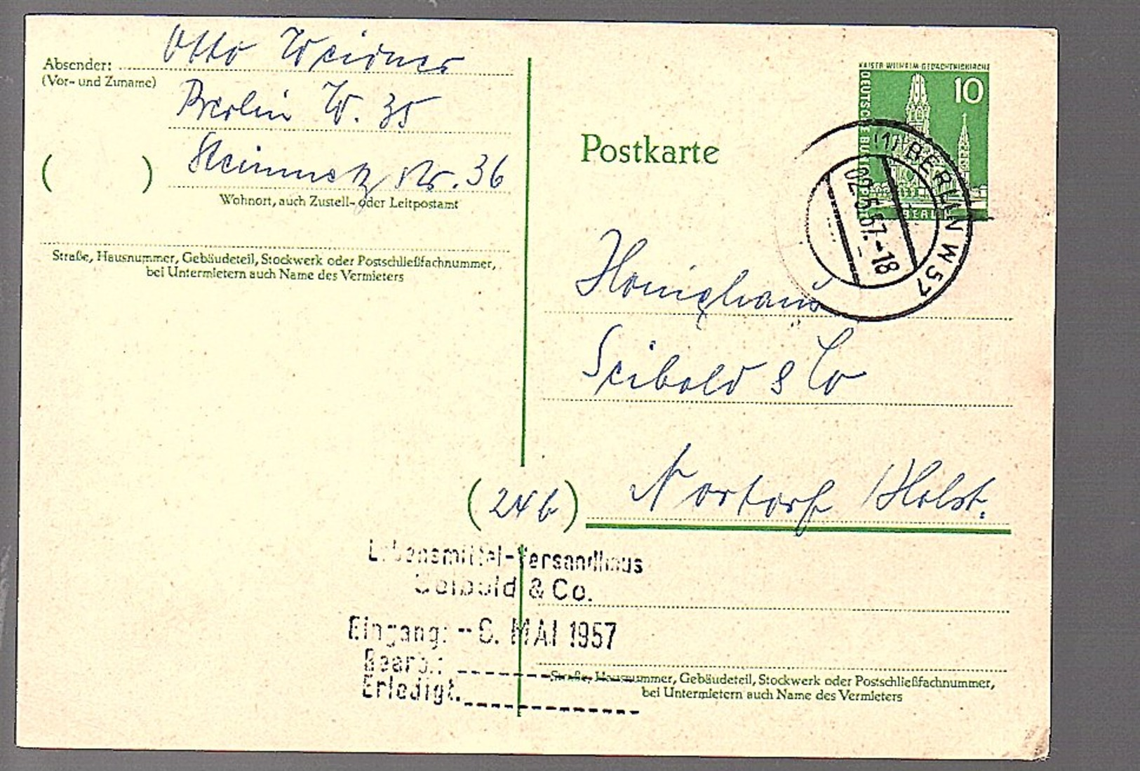 Berlin Michel P36 Berlin W57 > Seibold Nortorf  (206) - Cartes Postales - Oblitérées