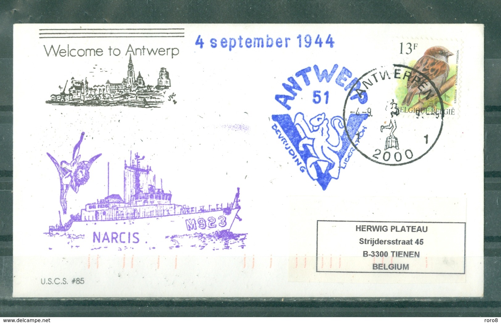 MARCOPHILIE - BELGIQUE - NARCIS M923 Welcome To Antwerp 4 SEPTEMBER 1944 ANTWERP 51. - Lettres & Documents