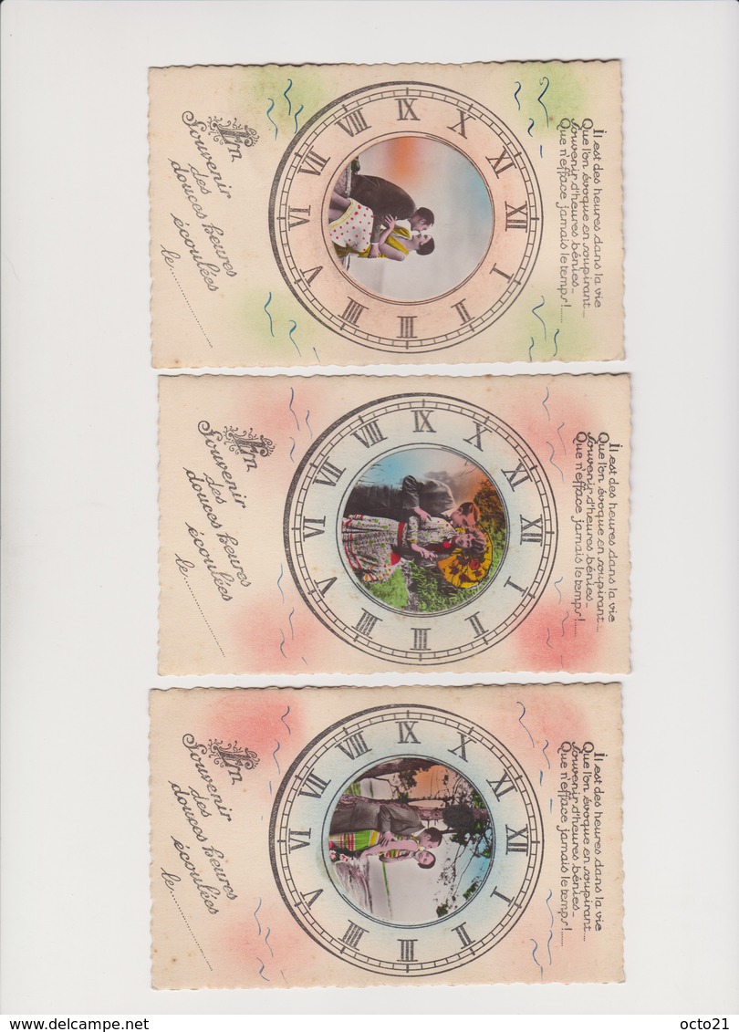 4 Cartes Fantaisie  / En Souvenir Des Douces Heures écoulées / Photo D'un Couple Dans Le Cadran D'une Montre - Paare