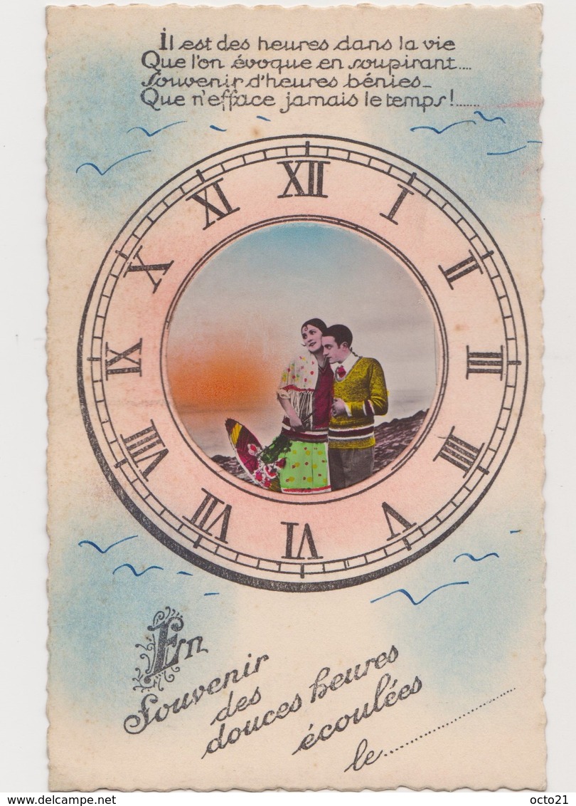 4 Cartes Fantaisie  / En Souvenir Des Douces Heures écoulées / Photo D'un Couple Dans Le Cadran D'une Montre - Couples