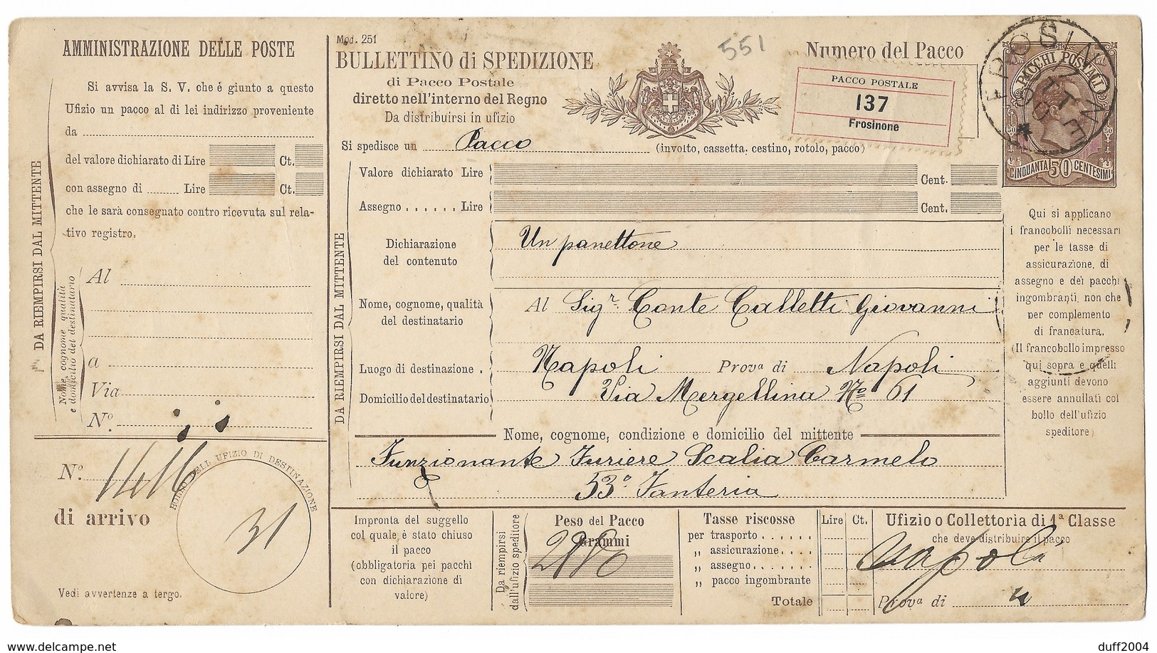 DA FROSINONE A NAPOLI - 17.10.1890. - Interi Postali