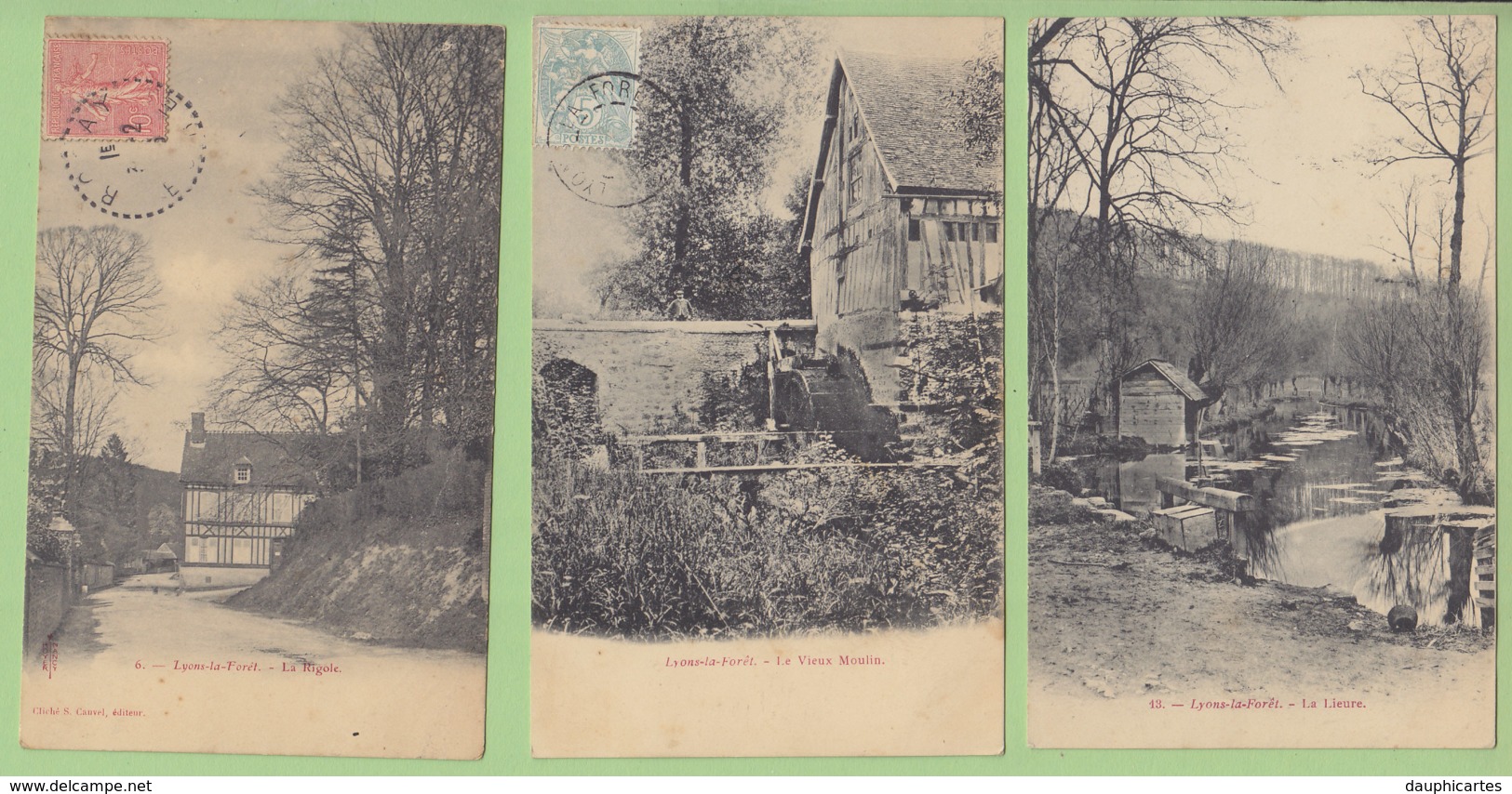 LYON LA FORET : 4 CPA. Vieux Moulin, La Lieurre, La Rigole, Eglise Saint Denis. 4 Scans. - Lyons-la-Forêt