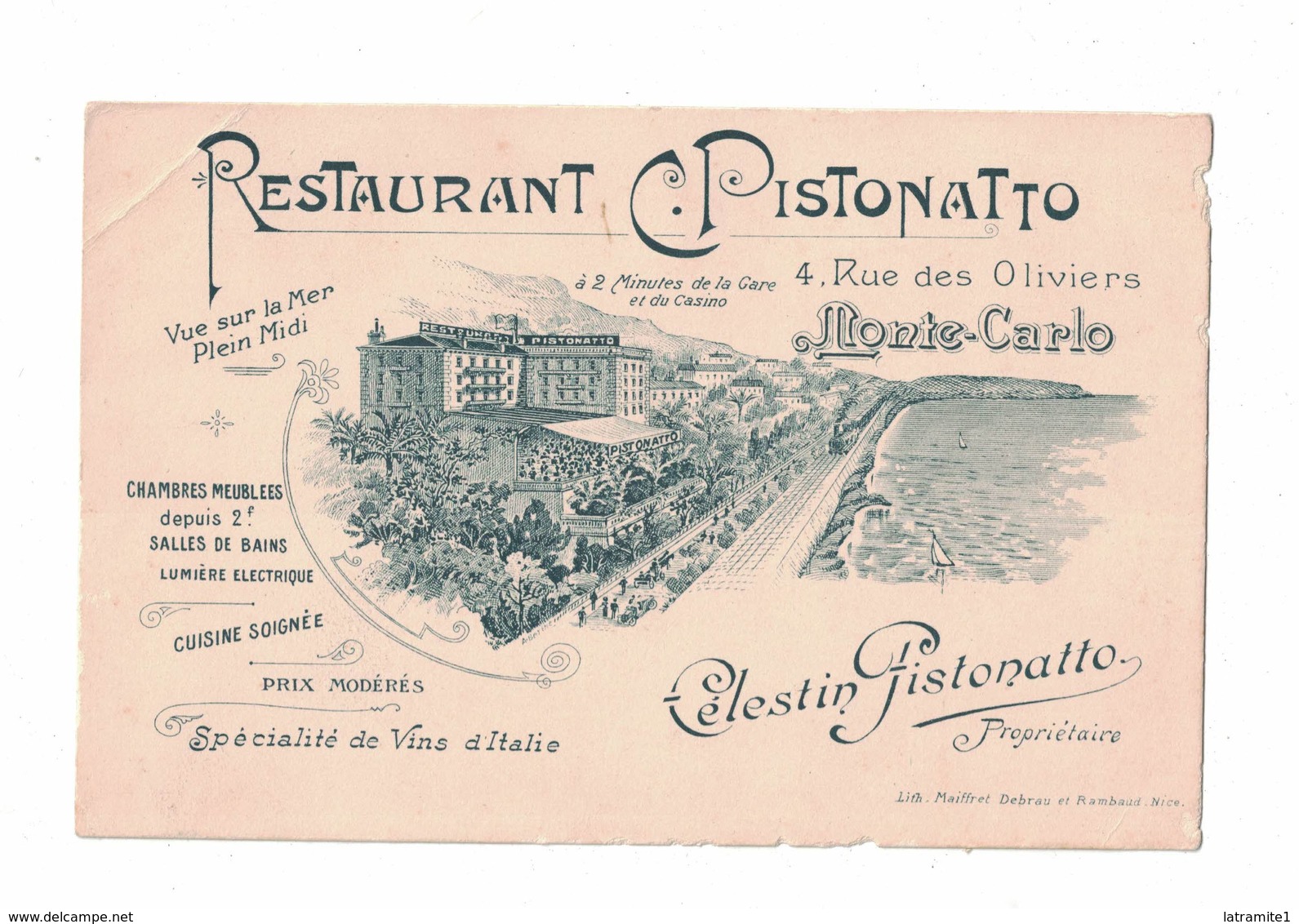 CARTOLINA PUBBLICITARIA POST CARD CARTE POSTALE  RESTAURANT CELESTIN PISTONATTO MONTECARLO - Publicidad