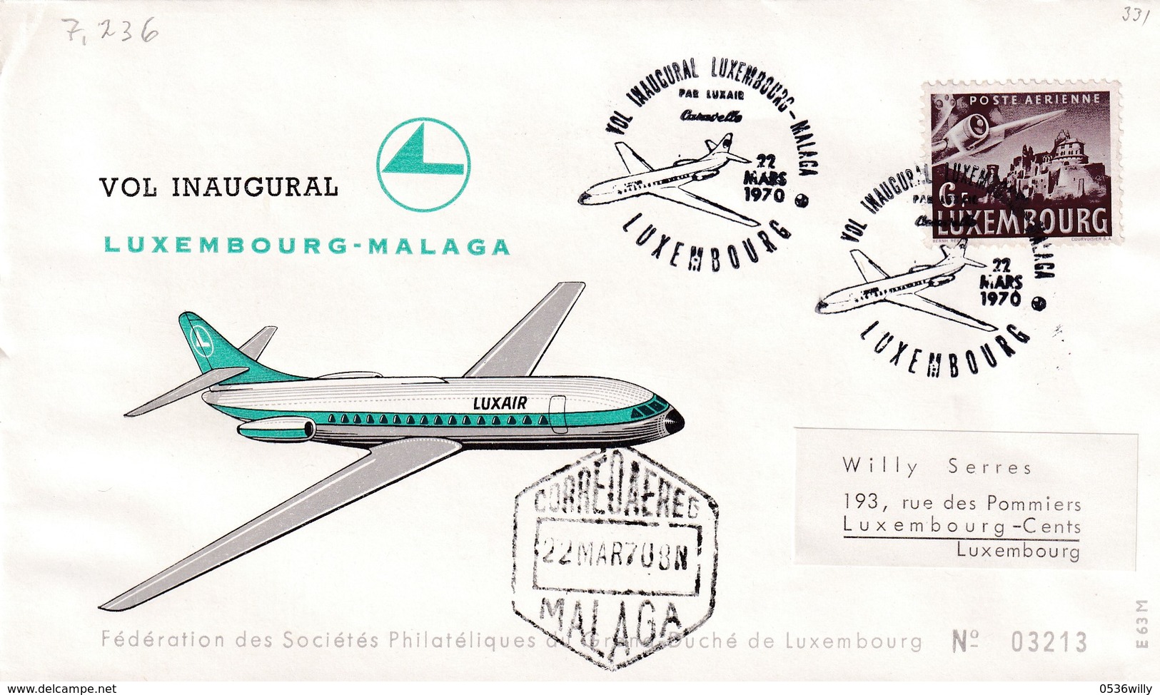 Luxembourg 1970 - Vol Inaugural "Luxembourg-Malaga" (7.236) - Lettres & Documents