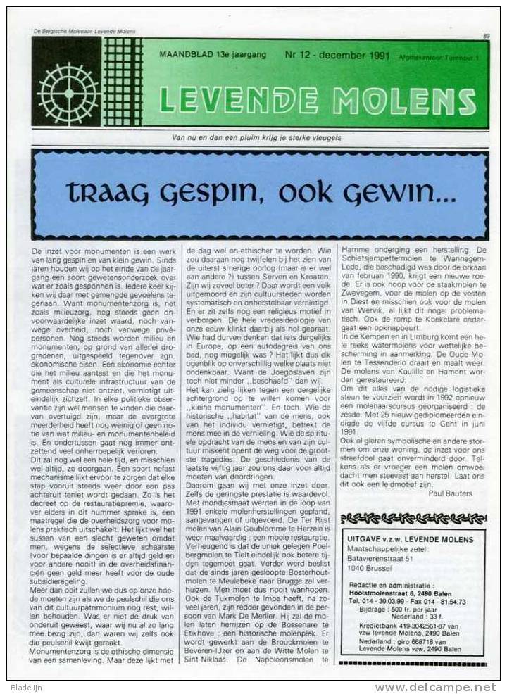 Thema: Molen / Maalderij Vlaanderen - Nummer Van LEVENDE MOLENS D.d. December 1991. Hekelgem, Betekom, Cyprus, Kaulille - Other & Unclassified