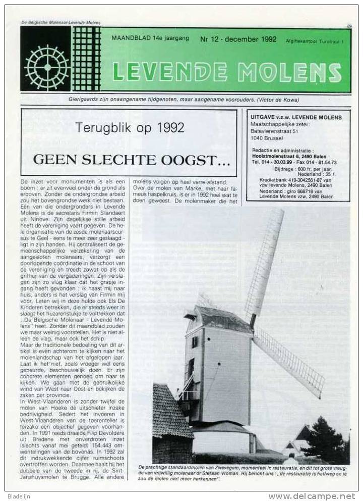 Thema: Molen/maalderij Vlaanderen - Nummer Van LEVENDE MOLENS D.d. December 1992. St. Martens-Lennik, Pamel, Turnhout - Autres & Non Classés