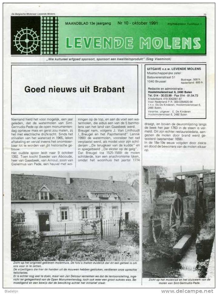 Thema: Molen / Maalderij Vlaanderen - Nummer Van LEVENDE MOLENS D.d. Oktober 1991. Gierle, Dilbeek, Limburg E.a. - Autres & Non Classés