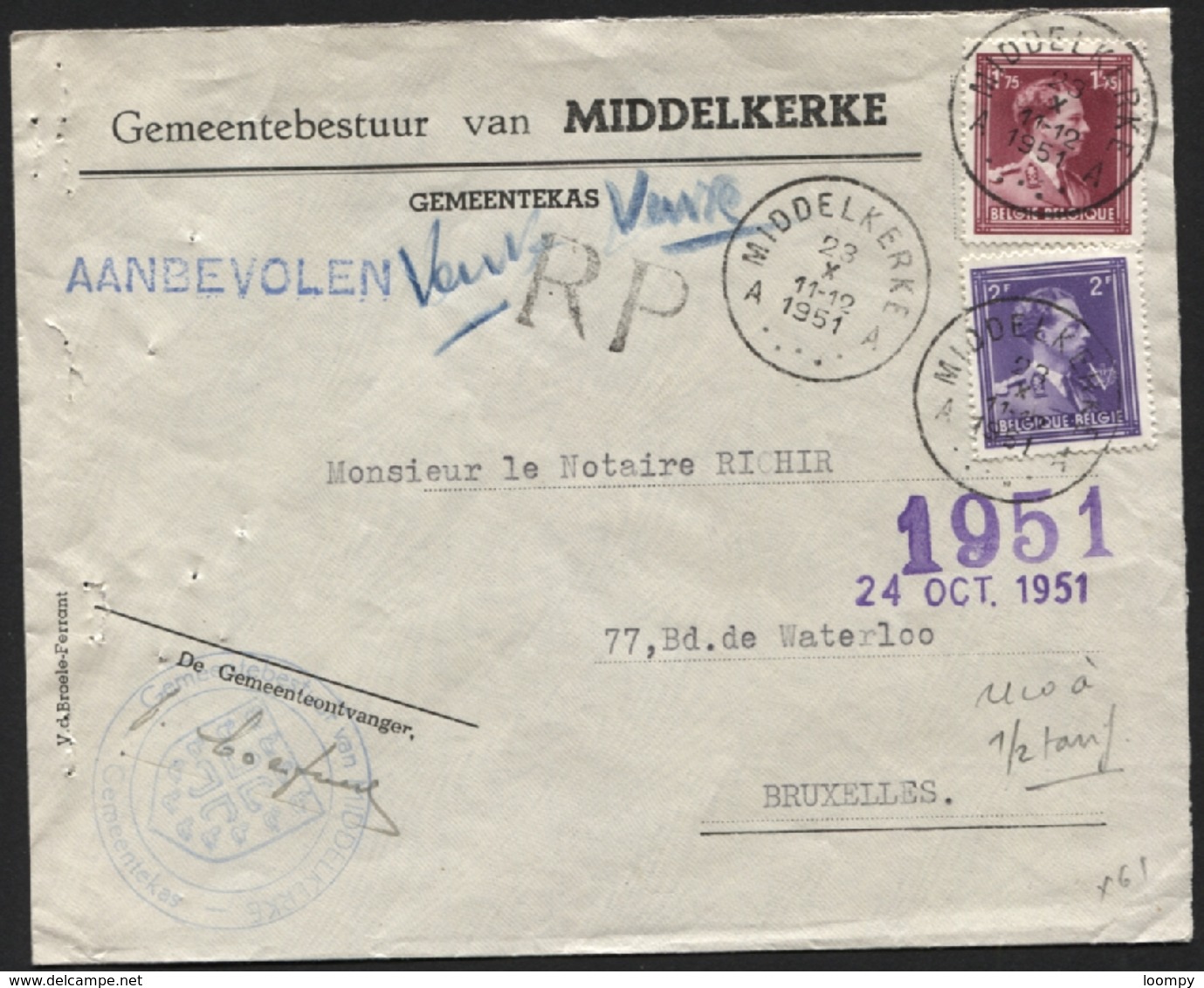 Lettre Recom. En RP (franchise Recom. à ½ Tarif Pour Admin. Communale) Obl. MIDDELKERKE Vers Bxl 1951 (x61) - 1936-1957 Offener Kragen