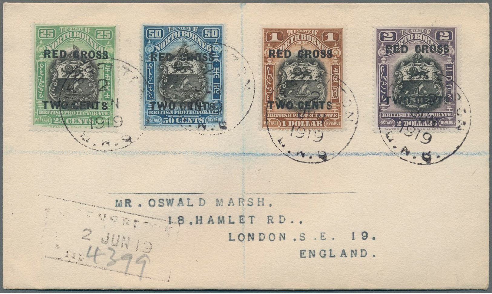 Nordborneo: 1918 RED CROSS 2c. On 25c., 2c. On 50c., 2c. On $1 And 2c. On $2 Used On Philatelic Regi - Borneo Septentrional (...-1963)