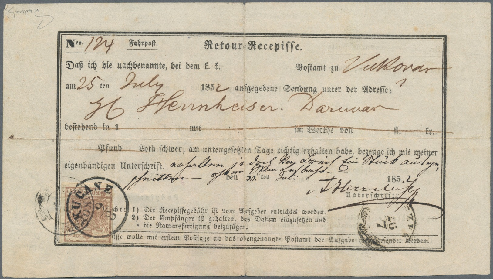 Österreich: 1850, 6 Kreuzer Rötlichbraun Auf Handpapier, Type Ib, Auf Kompletter Retour-Recepisse Vo - Brieven En Documenten