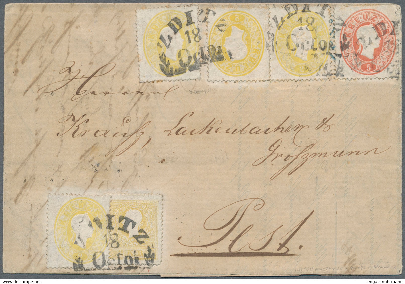 Österreich: 1858, 2 Kr Gelb, Type II, Zusammen Mit 1861, 4 X 2 Kr Gelb Und 5 Kr Rot, Entwertet Mit Z - Briefe U. Dokumente