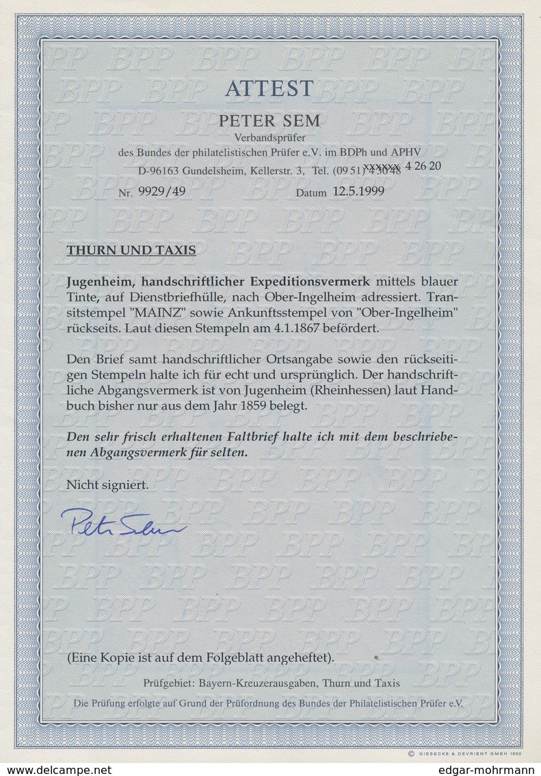 Thurn & Taxis - Postablagestempel: JUGENHEIM, Handschriftlicher Expeditionsvermerk Mittels Blauer Ti - Otros & Sin Clasificación