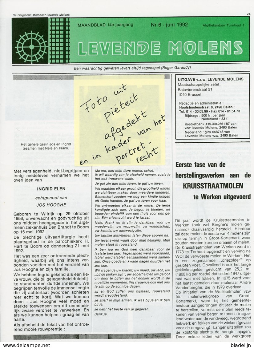 Thema: Molen / Maalderij Vlaanderen - Nummer Van LEVENDE MOLENS D.d. Juni 1992. Kortemark, Limburg, Anderlecht E.a. - Autres & Non Classés