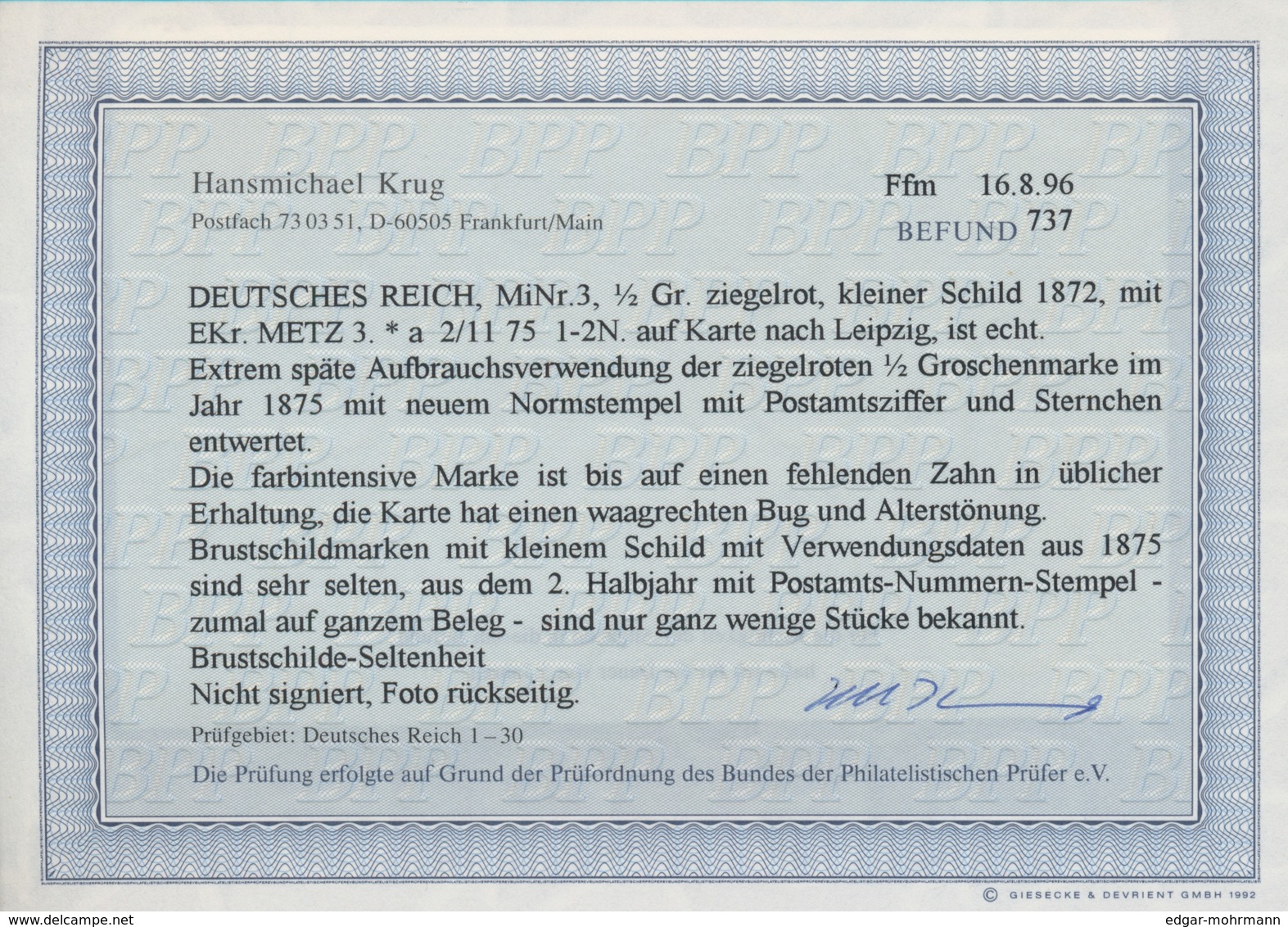 Deutsches Reich - Brustschild: 1872, Kleiner Schild ½ Gr. Orangerot Auf Karte Mit Extrem Spätem K1 " - Otros & Sin Clasificación