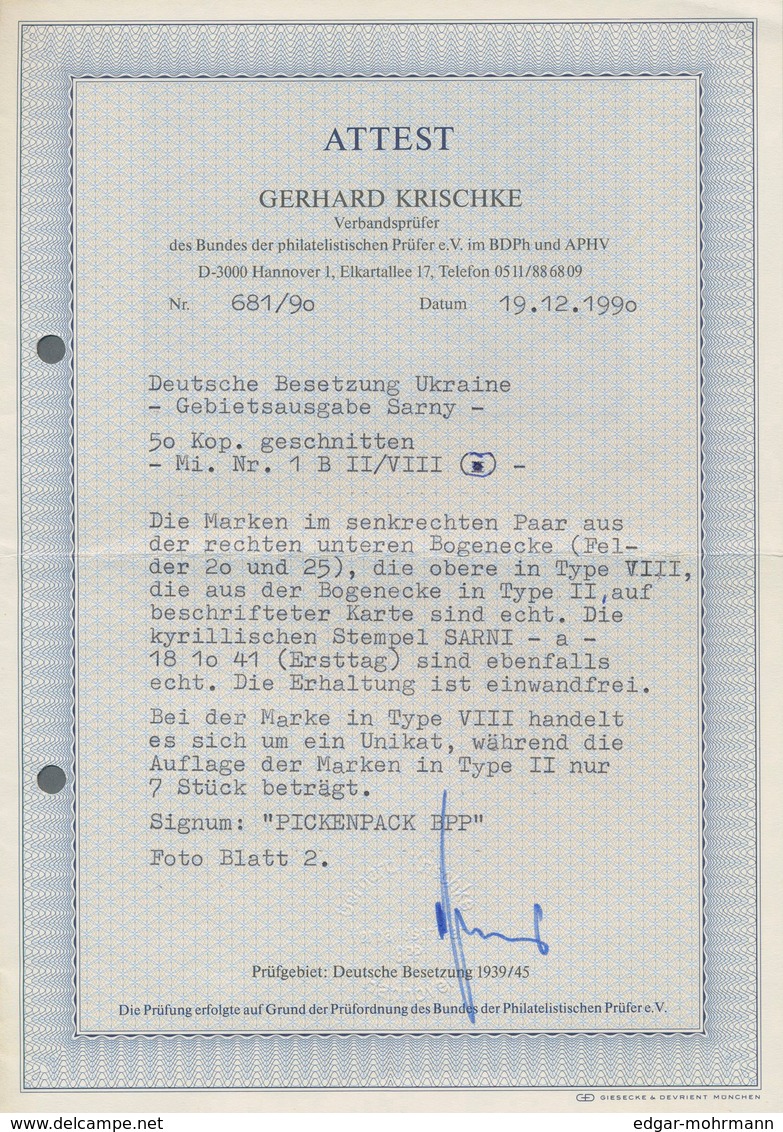 Dt. Besetzung II WK - Ukraine - Sarny: 1941, 50 K Schwarz Auf Dk'lblaugrau, Senkrechtes Ungezähntes - Besetzungen 1938-45