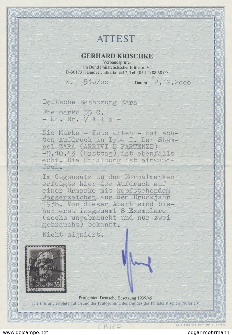 Dt. Besetzung II WK - Zara: 1943, 35 C Schwärzlichkobalt, Aufdruck Type I, Mit KOPFSTEHENDEM Wasserz - Besetzungen 1938-45