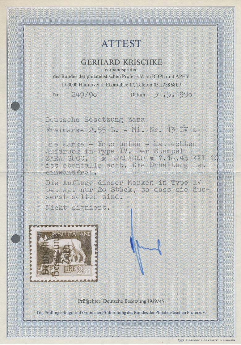 Dt. Besetzung II WK - Zara: 1943, 2,55 L Schwarzgrünblau, Aufdruck In Type IV, Entwertet Mit Stempel - Besetzungen 1938-45