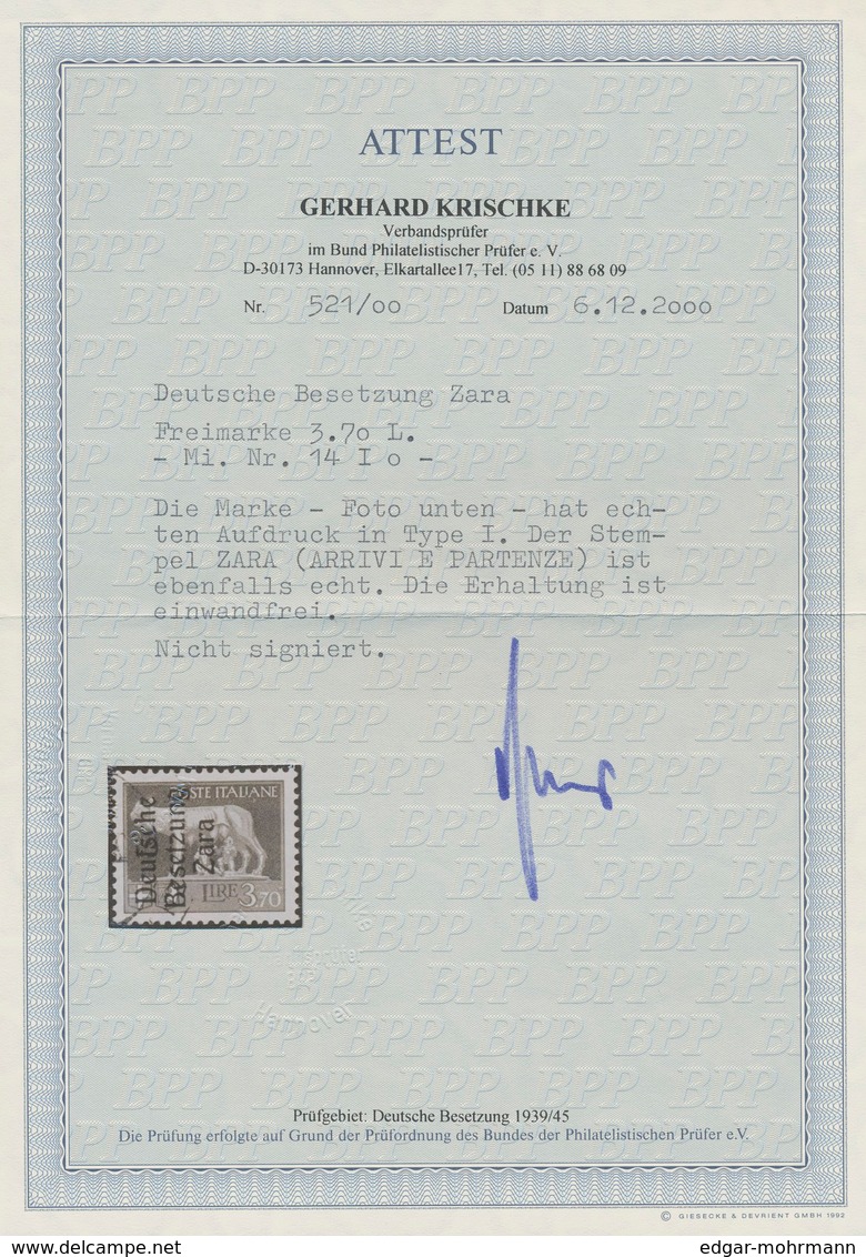 Dt. Besetzung II WK - Zara: 1943, 3,70 Lire Dunkelbläulichviolett, Aufdruck Type I, Gebraucht Mit Te - Besetzungen 1938-45
