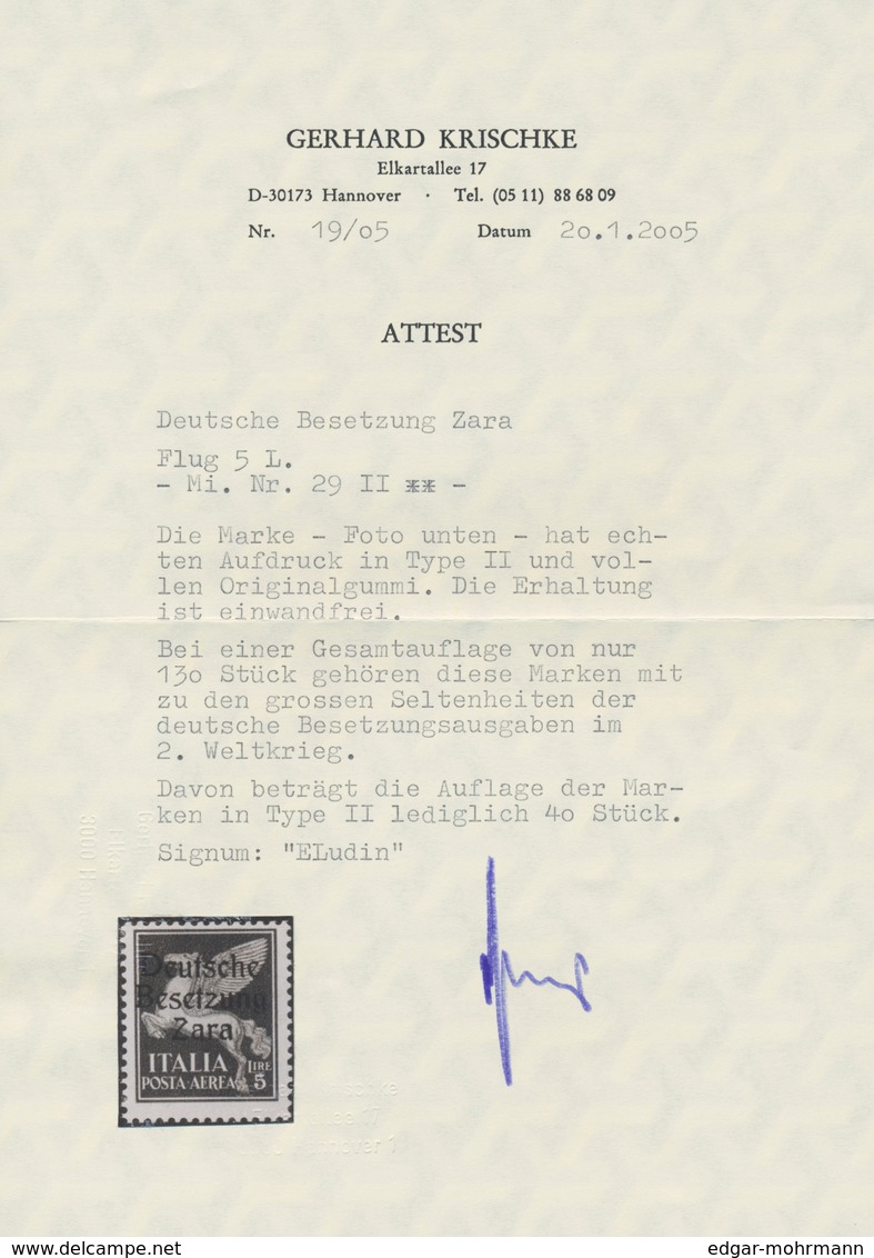 Dt. Besetzung II WK - Zara: 1943, 5 L Schwärzlichgrün Flugpostmarke, Aufdruck Type II, Postfrisch Mi - Besetzungen 1938-45