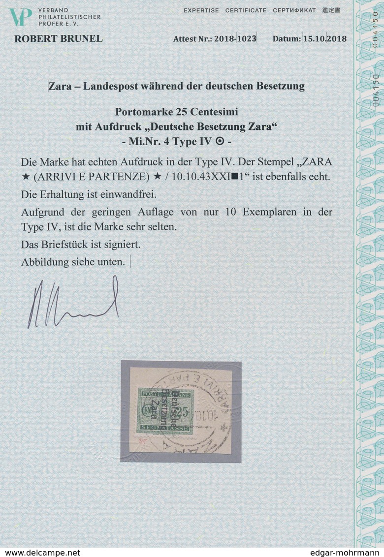 Dt. Besetzung II WK - Zara - Portomarken: 1943, 25 C Schwärzlichsmaragdgrün, Aufdruck Type IV, Entwe - Besetzungen 1938-45