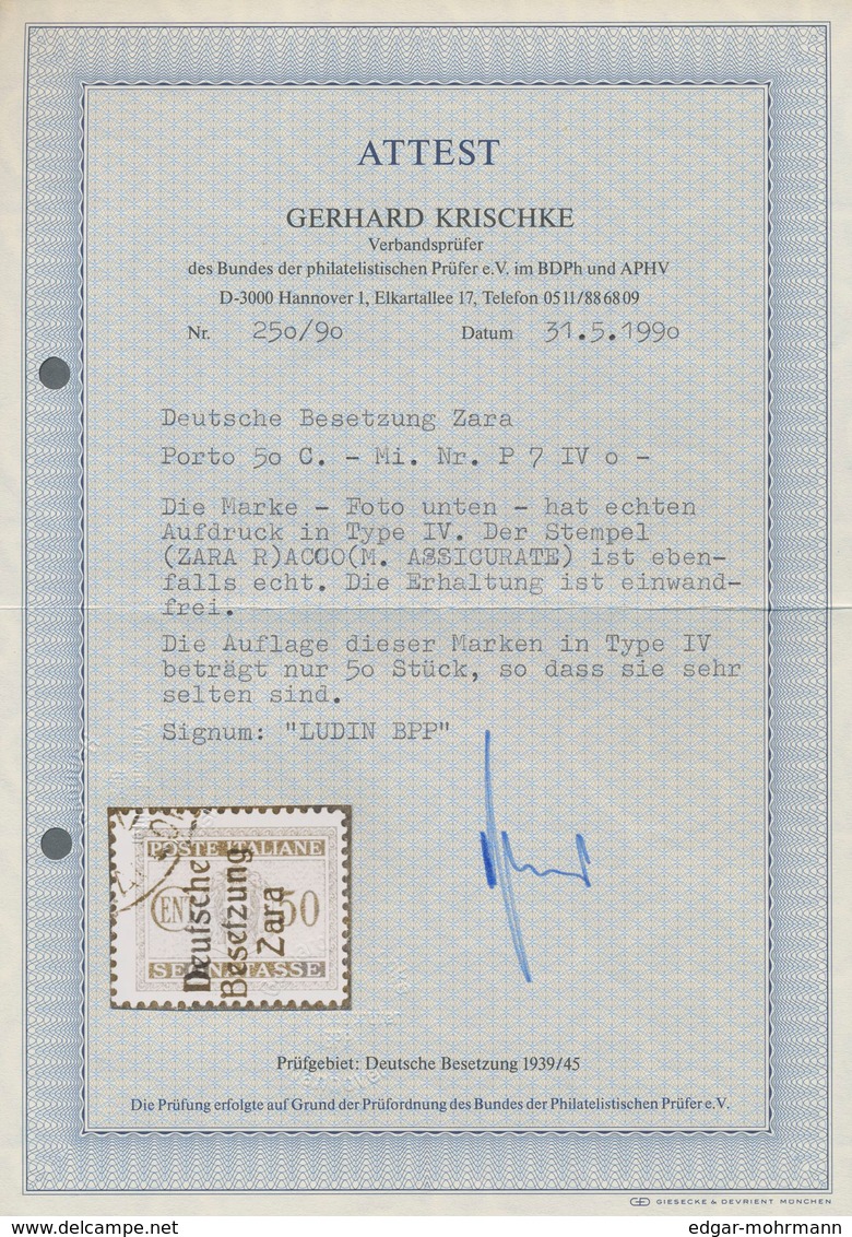 Dt. Besetzung II WK - Zara - Portomarken: 1943, 50 C Schwärzlichbläulichviolett, Aufdruck Type IV, E - Besetzungen 1938-45