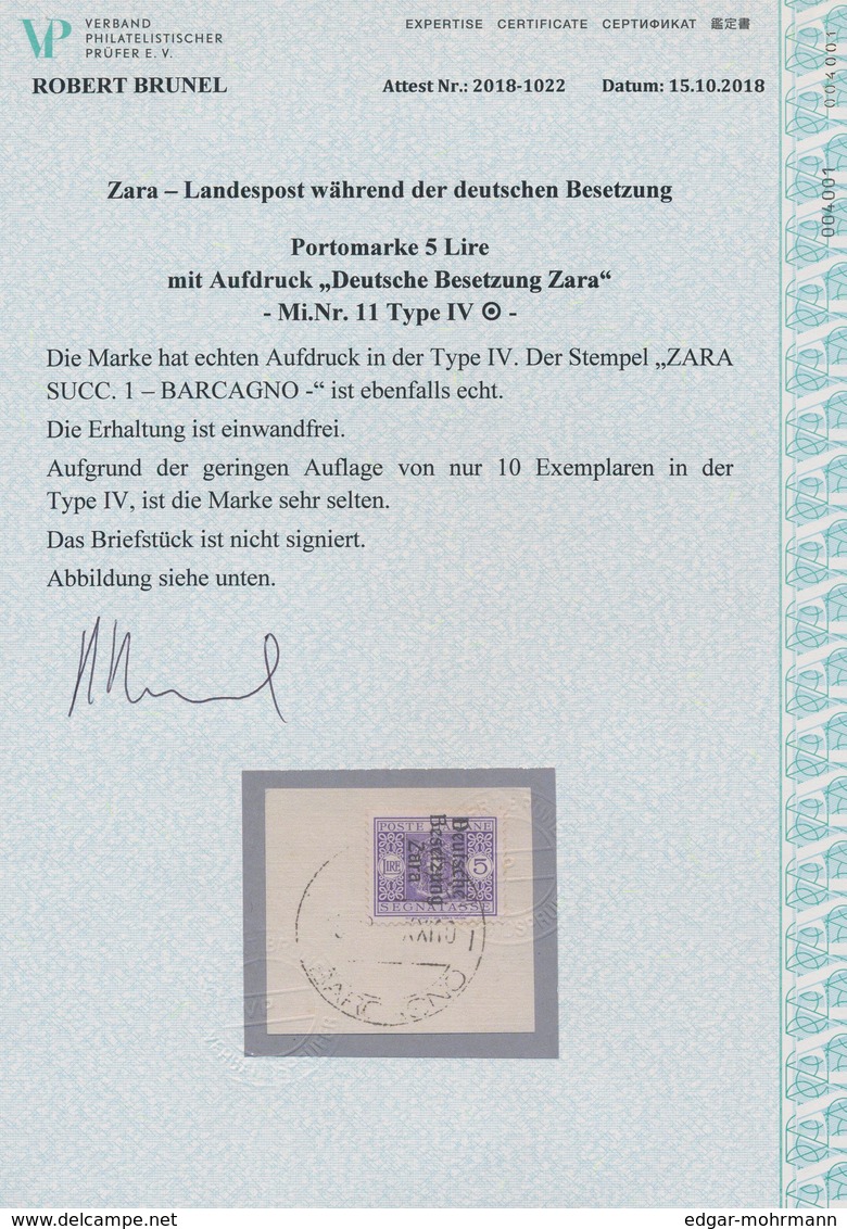 Dt. Besetzung II WK - Zara - Portomarken: 1943, 5 Lire Blauviolett, Aufdruck Type IV, Entwertet Mit - Besetzungen 1938-45