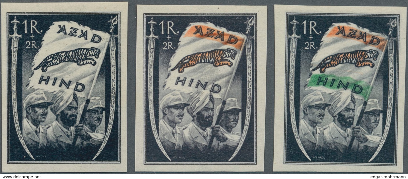 Dt. Besetzung II WK - Nationales Indien (Freies Indien): 1943, 1 R + 2 R Schwarz, 1 R + 2 R Schwarz/ - Besetzungen 1938-45