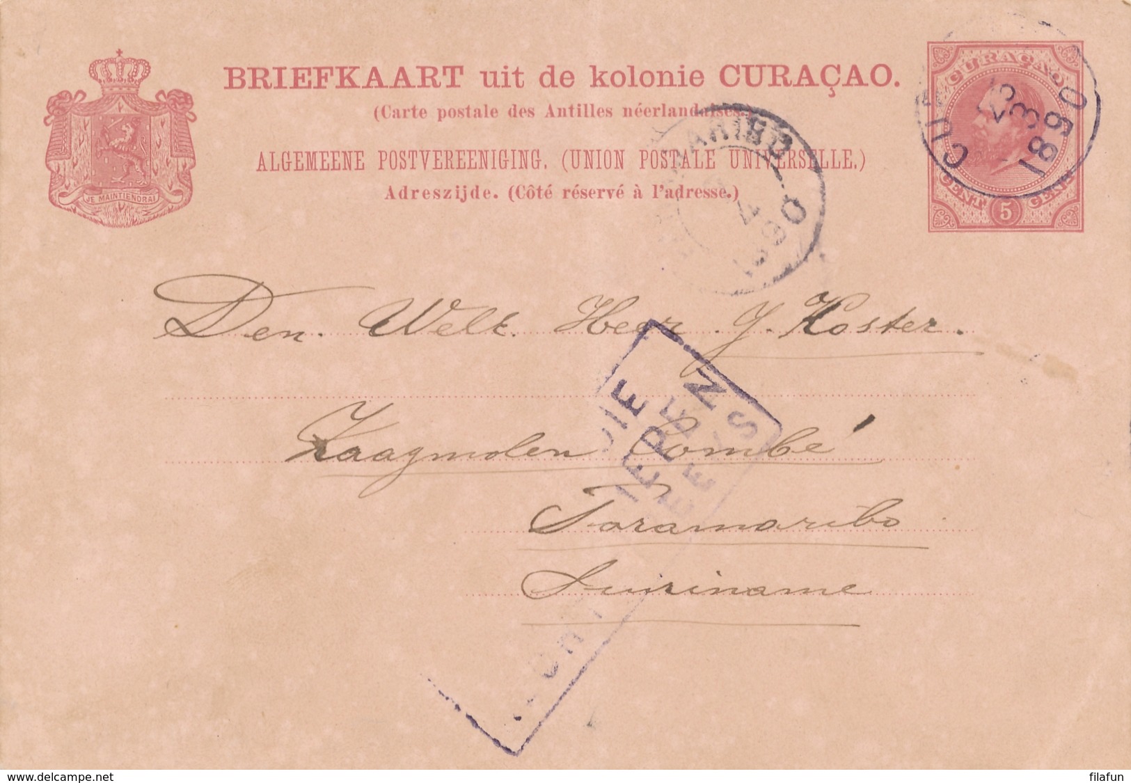 Curacao - 1890 - 5 Cent Willem III, Briefkaart G7 Van Curacao Naar Paramaribo / Suriname - Stoomschepen Rechtstreeks - Curaçao, Nederlandse Antillen, Aruba