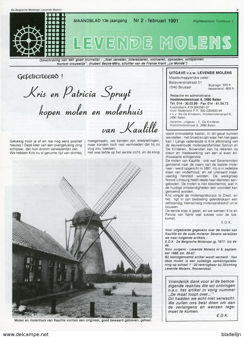 Thema: Molen, Maalderij Vlaanderen - Nummer Van LEVENDE MOLENS Februari 1991. Kaulille, Hofstade Bij Aalst, Hoboken E.a. - Other & Unclassified