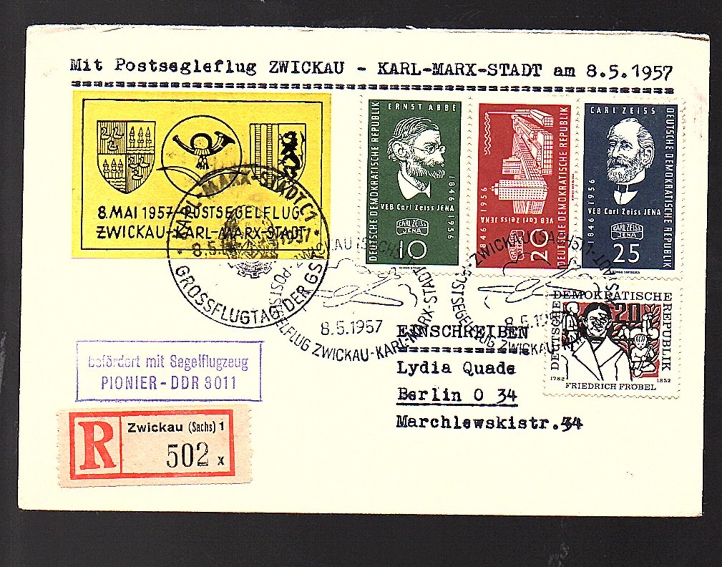 1957 Scarce 1st Flight Berlin Zwickau Karl Marx Stadt (424) - Briefe U. Dokumente